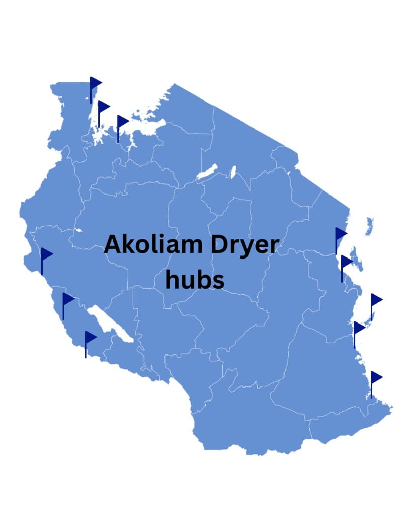 Map of Tanzania showing Akoliam dryer hub locations